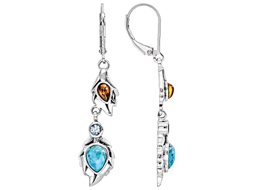7x5mm Pear Shaped Turquoise With Amber And 0.26ctw Glacier Topaz™ Sterling Silver Dangle Earrings