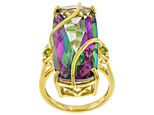 17.85ct Cushion Multi-Color Quartz With 0.05ctw Chrome Diopside 18K Yellow Gold Over Silver Ring - Size 8