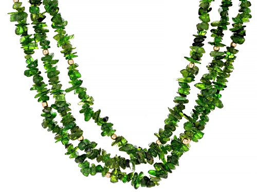 Photo of Mixed Shapes Chrome Diopside 18k Yellow Gold Over Silver 3 Strand Chips Necklace - Size 20