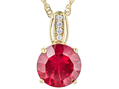 4.46ct Lab Spinfire™ Cut Ruby With 0.04ctw Zircon 18k Gold Over Sterling Silver Pendant With Chain