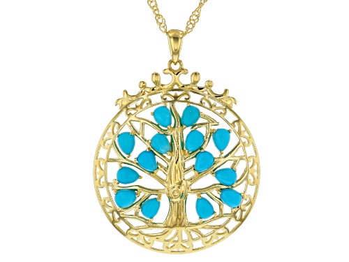 4x3mm Pear Shaped Sleeping Beauty Turquoise 18k Yellow Gold Over Silver Tree of Life Pendant Chain