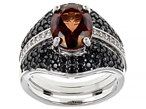 1.96ct Red Labradorite With 0.14ctw White Zircon & 1.05ctw Black Spinel Rhodium Over Silver Ring - Size 8