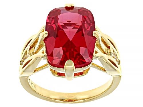 Photo of 5.95ct Lab Padparadscha Sapphire And 0.05ctw Lab White Sapphire 18k Yellow Gold Over Silver Ring - Size 8