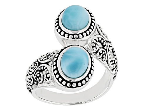 Photo of 8x6MM OVAL CABOCHON LARIMAR RHODIUM OVER STERLING SILVER BYPASS RING - Size 7