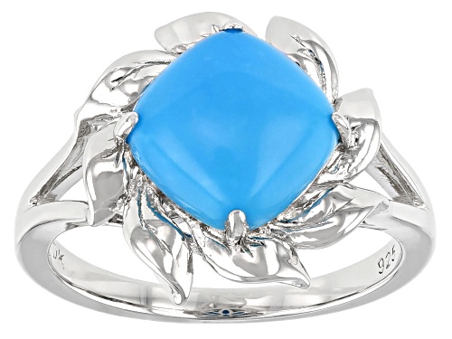 9mm Square Cushion Cabochon Sleeping Beauty Turquoise Rhodium Over Silver Solitaire Ring - Size 8
