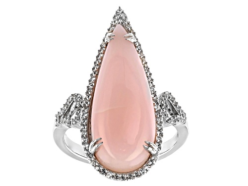 26X10mm Cabochon Pear Shape Pink Opal and 0.43ctw Zircon Rhodium Over Silver Ring - Size 7