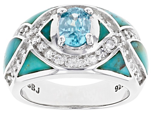1.07ct Oval blue zircon with turquoise and .68ctw white zircon rhodium over sterling silver ring - Size 5