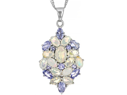 1.71ctw Ethiopian Opal with 1.29ctw Tanzanite Rhodium Over Sterling Silver Pendant with Chain