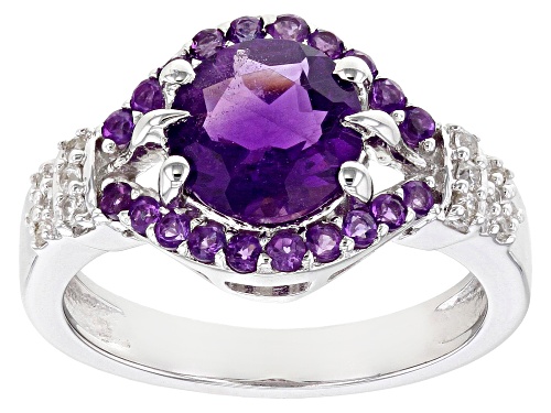 Photo of 1.83CTW ROUND AMETHYST WITH .09CTW WHITE ZIRCON RHODIUM OVER STERLING SILVER RING - Size 7