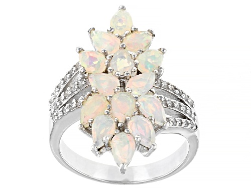 Photo of 1.55ctw Pear Shaped Ethiopian Opal and 0.26ctw Zircon Rhodium Over Sterling Silver Ring - Size 7