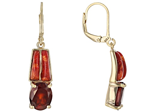 5.35CTW HESSONITE  WITH 10X3MM CORAL 18K YELLOW GOLD OVER STERLING SILVER EARRINGS