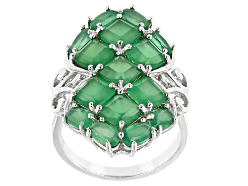 Photo of 5mm Square Octagonal & 5x3mm Oval Green Onyx Rhodium Over Sterling Silver Cluster Ring - Size 7