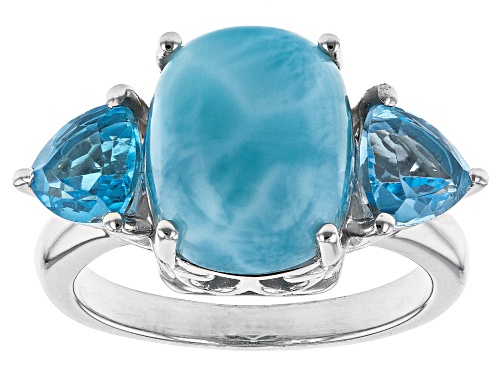 Photo of 12x10mm Rectangular Cushion Larimar and 1.79ctw Swiss Blue Topaz Rhodium Over Silver 3-Stone Ring - Size 9