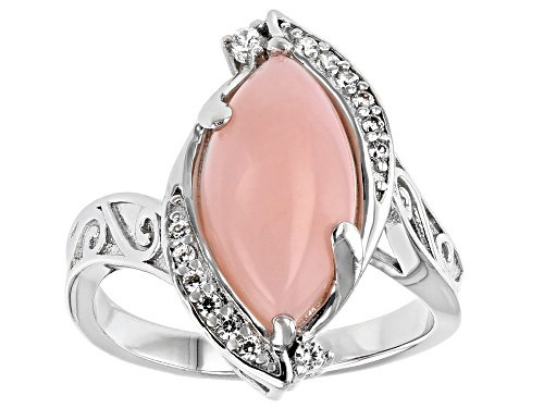 Photo of 16x8mm Marquise Pink Opal and .18ctw Round White Zircon Rhodium Over Sterling Silver Ring - Size 7
