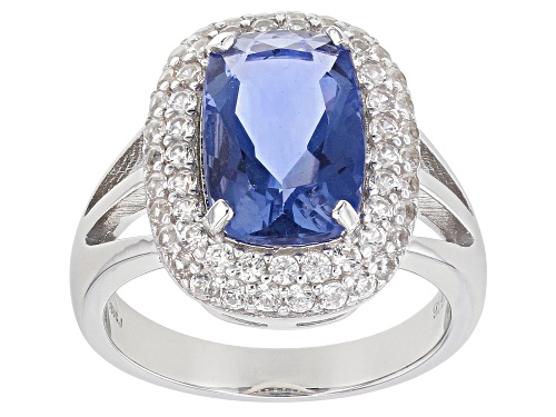 Photo of 4.25c Cushion Blue Color Change Fluorite and .78ctw Zircon Rhodium Over Silver Ring - Size 8