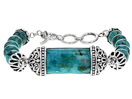 Free-form Cabochon Turquoise & 8mm Round Turquoise Ball Sterling Silver Bracelet - Size 7.25