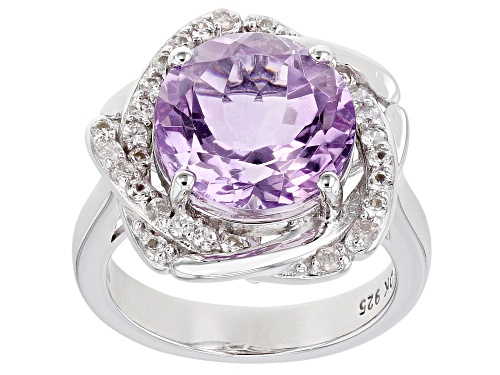5.27ct Round Lavender Amethyst and 0.69ctw White Zircon Rhodium Over Silver Ring - Size 9