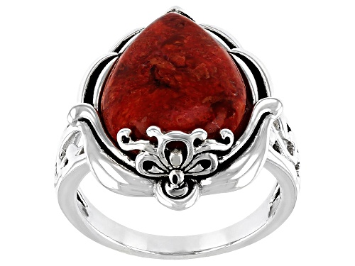 16x12mm Pear Shape Sponge Coral Sterling Silver Solitaire Ring - Size 8
