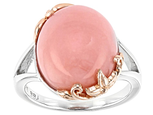 Photo of 16x12mm Oval Cabochon Pink Opal Rhodium & 18k Rose Gold Over Silver Solitaire Ring - Size 8