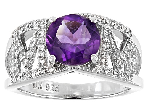 1.57ct Round African Amethyst and .63ctw Zircon Rhodium Over Sterling Silver "Mom" Ring - Size 9