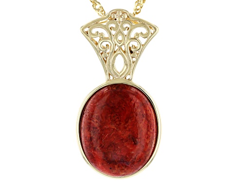 16x13MM OVAL CABOCHON SPONGE RED CORAL 18K YELLOW GOLD OVER STERLING SILVER PENDANT WITH CHAIN