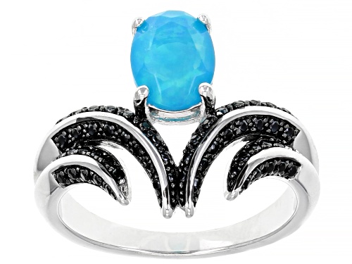 Photo of 0.54ctw Paraiba Blue Opal and 0.26ctw Round Black Spinel Rhodium Over Sterling Silver Ring - Size 8