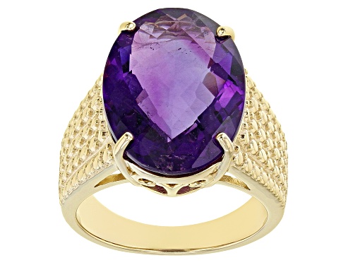 Photo of 11.00ct Oval Checkerboard Cut African Amethyst 18k Yellow Gold Over Silver Solitaire Ring - Size 7
