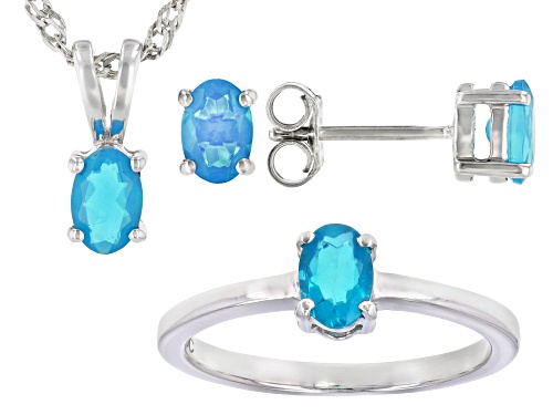 Photo of 1.02ctw Oval Paraiba Blue Color Opal Rhodium Over Silver Ring, Earrings And Pendant With Chain Set