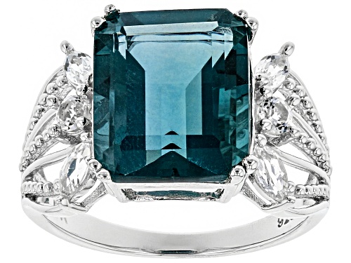 5.95ct Emerald Cut Teal Fluorite and .48ctw White Topaz Rhodium Over Sterling Silver Ring - Size 8