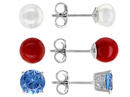 1.87ctw Lab Spinel, 6mm Cultured Freshwater Pearl & Coral Rhodium Over Silver Set of 3 Earrings