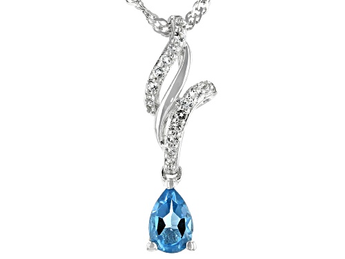Photo of .49ct Pear Shape Swiss Blue Topaz and .09ctw White Topaz Rhodium Over Silver Pendant With Chain