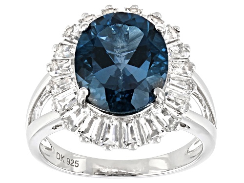 Photo of 3.91ct Oval London Blue Topaz and .85ctw Tapered Baguette Topaz Rhodium Over Silver Ring - Size 7