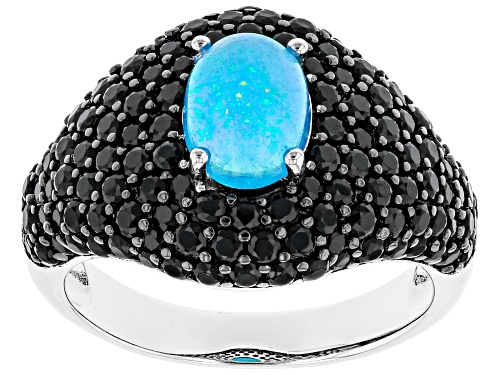 .85ct Round Paraiba Blue Color Opal and 1.70ctw  Black Spinel Rhodium Over Sterling Silver Ring - Size 9