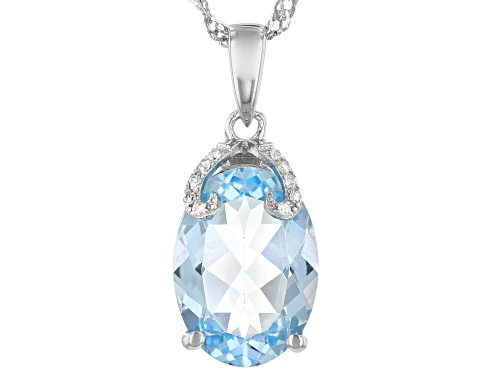 6.38ct Oval Glacier Topaz™ and 0.04ctw Zircon Rhodium Over Silver Pendant With Chain