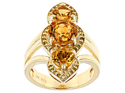 3.05ctw Round Golden Citrine With .16ctw Yellow Diamond  18k Gold Over Sterling Silver 3-Stone Ring - Size 7