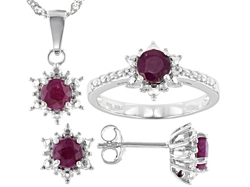 Photo of 2.04ctw Ruby With .03ctw Round Diamond Accent Rhodium Over Sterling Silver Jewelry Set