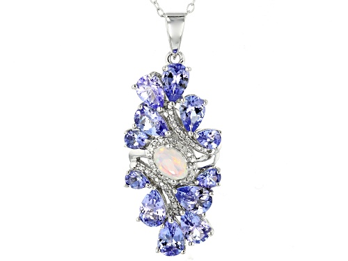 .21ct Ethiopian opal, 3.09ctw tanzanite, .01ctw diamond accent rhodium over silver pendant w/chain