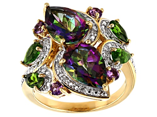 4.57ctw Mystic Fire® topaz & mixed gems with .05ctw diamond accent 18k gold over silver ring - Size 7