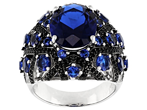 Photo of 6.11CTW OVAL AND ROUND LAB CREATED BLUE SPINEL WITH .42CTW BLACK SPINEL RHODIUM OVER SILVER RING - Size 8