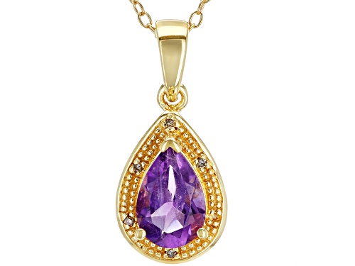 1.02CT AMETHYST WITH .01CTW CHAMPAGNE DIAMOND ACCENT 18K YELLOW GOLD OVER SILVER PENDANT WITH CHAIN