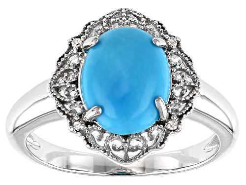 Photo of 10x8mm Oval Sleeping Beauty Turquoise & White Diamond Accent Rhodium Over Silver Ring - Size 10