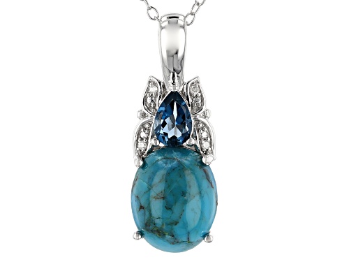 Turquoise w/.41ct London Blue Topaz & .01ctw Four Diamond Accent Rhodium Over Silver Pendant w/Chain