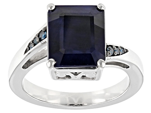 Photo of 4.00ct Emerald Cut Sapphire With Blue Diamond Accent Rhodium Over Sterling Silver Ring - Size 9