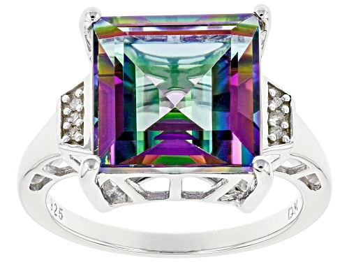 6.46ct Square Octagonal Mystic Fire(R) Green Topaz & .03ctw Diamond Accent Rhodium Over Silver Ring - Size 7