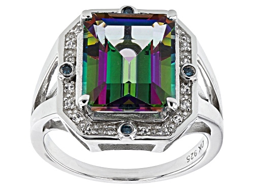 6.12ct Emerald Cut Mystic Fire® Green Topaz, Blue Diamond Accent and Zircon Rhodium Over Silver Ring - Size 9