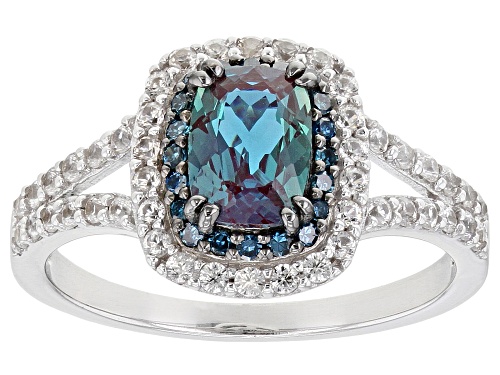 0.85ctw cushion lab alexandrite with 0.10ctw diamond, 0.55ctw white zircon rhodium over silver ring - Size 10