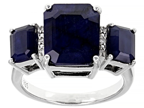 Photo of 7.57ctw Rectangular Octagonal Blue Sapphire With 0.03ctw White Diamond Rhodium Over Silver Ring - Size 7
