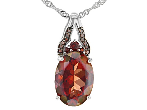 Photo of 4.56ctw Oval Labradorite, Garnet & Red Diamond Accent Rhodium Over Sterling Silver Pendant/Chain