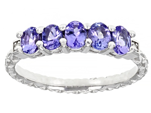 0.81ctw Oval Tanzanite and 0.01ctw Round Diamond Accent Rhodium Over Sterling Silver Band Ring - Size 10