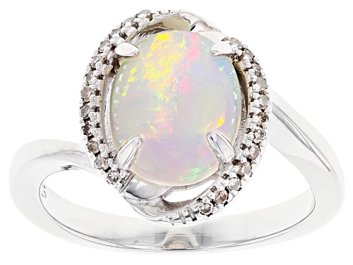 Photo of 1.50ct Oval Ethiopian Opal and 0.11ctw Champagne Diamond Accent Rhodium Over Silver Ring - Size 8